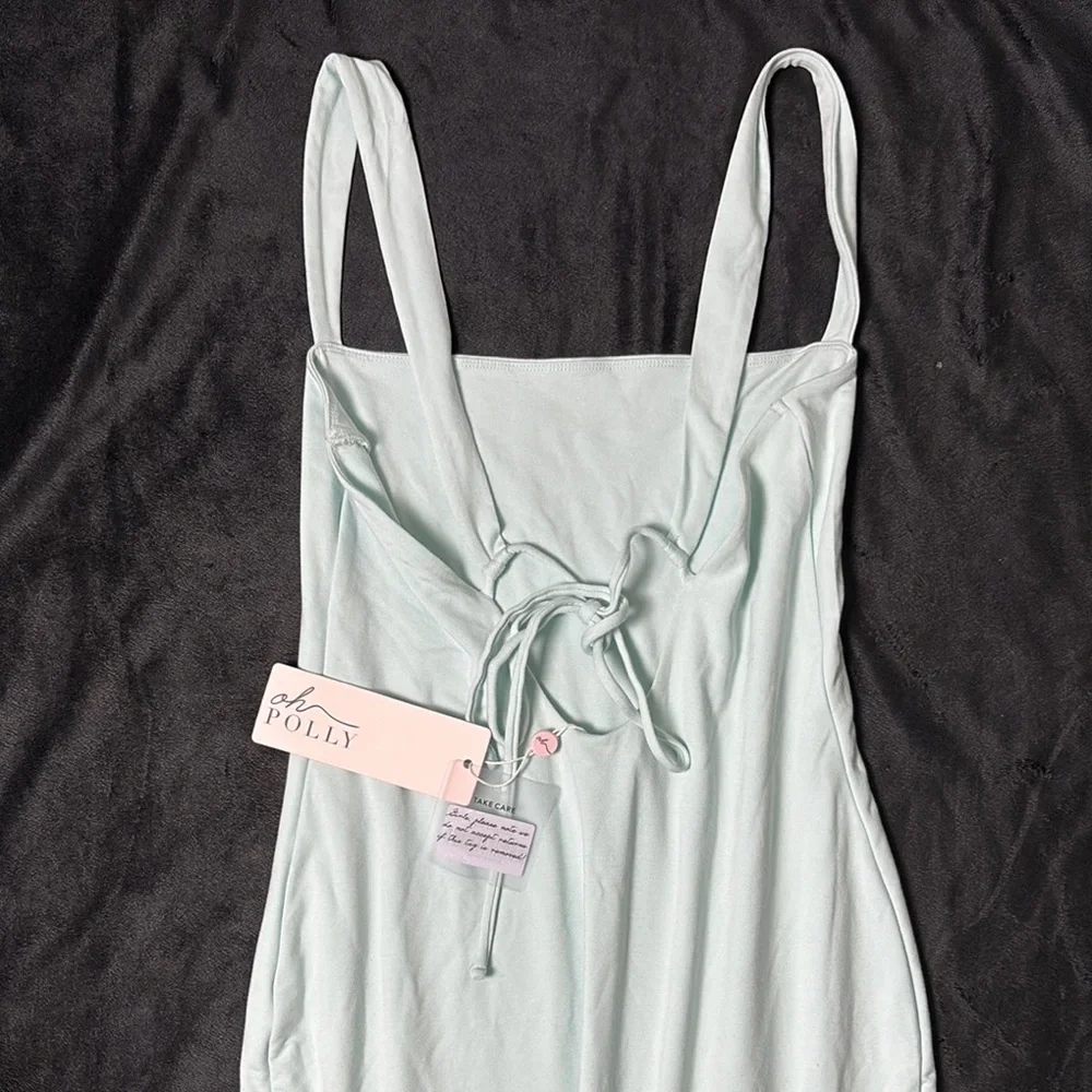 Oh Polly Mint-Green Bodycon Maxi Dress • Lace-Up Bust, Square Neck Sz US 10 - Picture 10 of 11